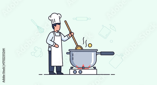 Chef Cooking in the Kitchen: Illustration of a chef preparing food in a pot