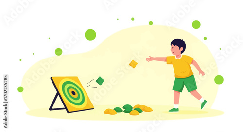 Boy Playing Bean Bag Toss In A Vibrant And Playful Outdoor Cartoon