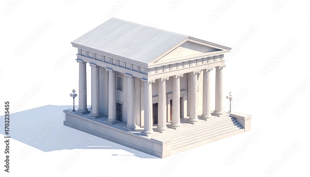 Obraz premium A meticulously detailed, classic style building, rendered in light, neutral tones, is presented from an elevated perspective, showcasing its architectural grandeur.