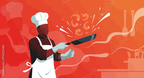 Chef Cooking Shrimp: Artistic Illustration of Kitchen Action and Culinary Skill