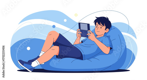 Boy Relaxing Playing Video Games on Beanbag Modern Lifestyle Illustration