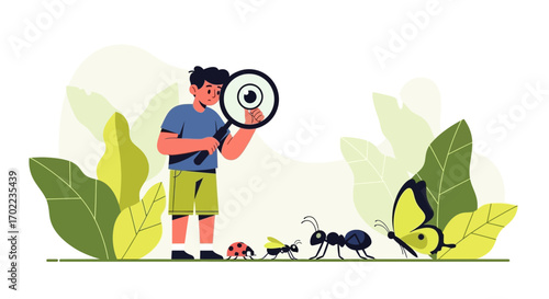 Boy using a magnifying glass to examine insects in nature illustration design