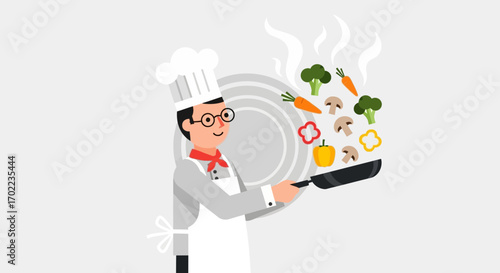 Chef Cooking Vegetables Illustration: Healthy Food Concept and Culinary Arts