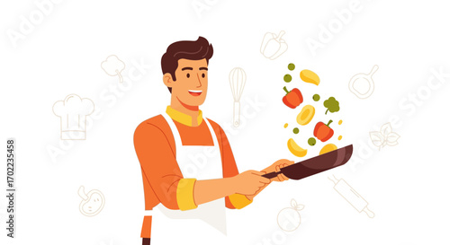 Chef cooking vegetables in a pan illustration of food preparation on a white background