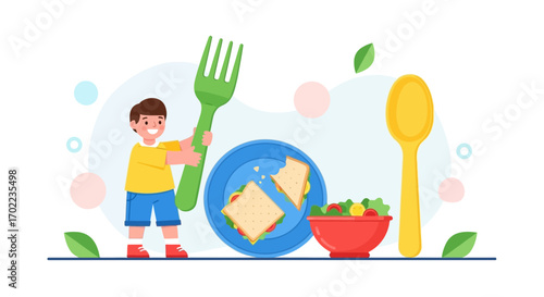 Boy With Fork Prepares Healthy Food, Offering Fun Fresh Meals for Healthy Eating Habits