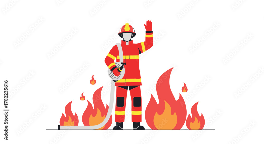Fototapeta premium Brave Firefighter Heroically Extinguishing Flames with Water Hose in a Dangerous Blaze