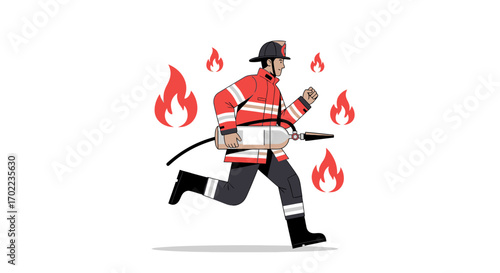Brave Firefighter Heroically Running With Fire Extinguisher To Extinguish Flames