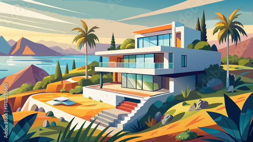 Beautiful modern villa on a coastal European hillside, with flat roofs, glass railings, palm trees, and panoramic sea views, offering elegance, tranquility, and cutting-edge architecture.