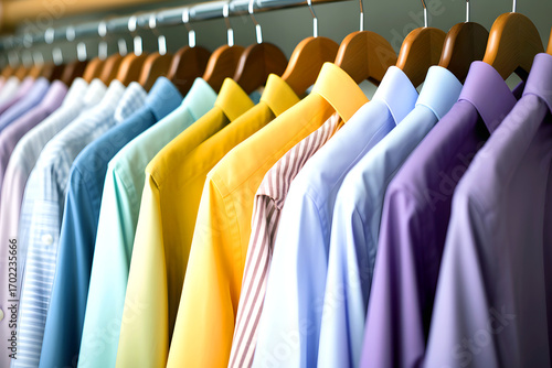 Wallpaper Mural Stylish collection of neatly arranged dress shirts in various pastel colors hanging on a clothing rack in a modern boutique Torontodigital.ca