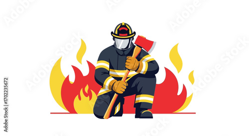 Brave Firefighter Kneeling with Axe Defending Against Powerful Flames in Action