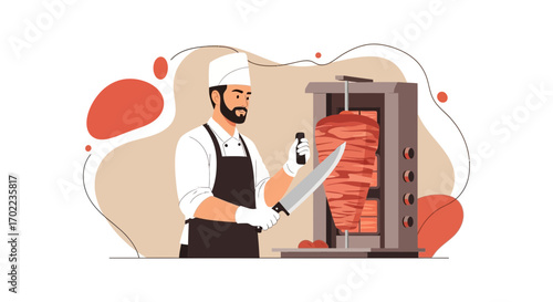 Chef cutting meat from a shawarma, vector illustration, food illustration, cooking, kitchen