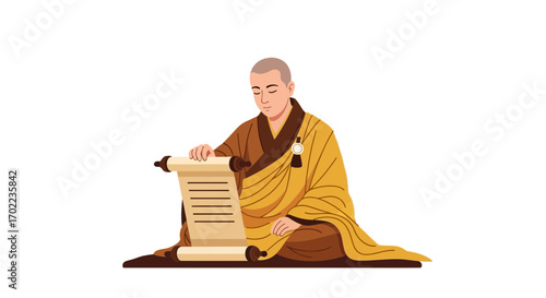 Buddhist Monk Reading Ancient Scroll Depicting Spirituality, Tradition, and Culture