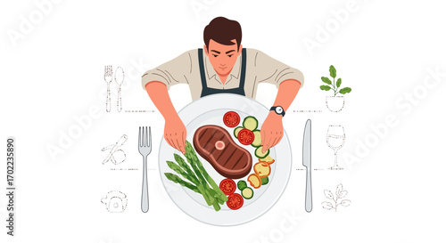 Chef Delicately Arranging Gourmet Plate With Grilled Steak And Fresh Vegetables