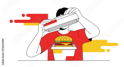 Burger Enthusiast Examining Food in Modern Graphic Style, Simple Design is Visible