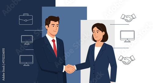 Business partnership concept: two people in a suit making a handshake vector illustration