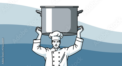 Chef Demonstrating Strength While Holding A Large Cooking Pot Above His Head