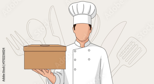 Chef Delivering Takeout Box, Culinary Profession, Food Delivery, Restaurant Service Presentation