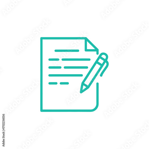 Turquoise document and pen line icon on white background for signing contract