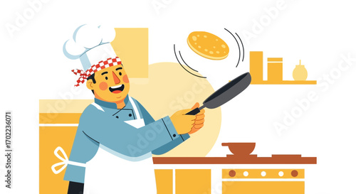 Chef Energetically Flipping Pancake, Creating Delicious Breakfast During Morning Time in Kitchen