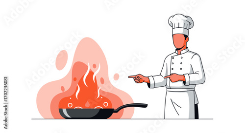 Chef Directs Culinary Flare Above Frying Pan With Blazing Gastronomy Illustration