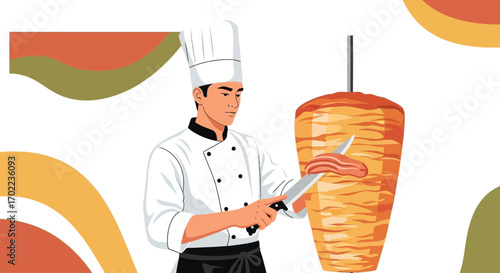 Chef Expertly Carving Doner Kebab Meat Ready To Serve For Hungry Customers