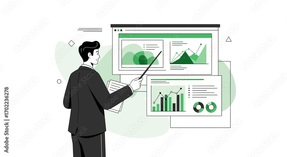 Fototapeta premium Business presentation with data charts and a businessman pointing at the screen