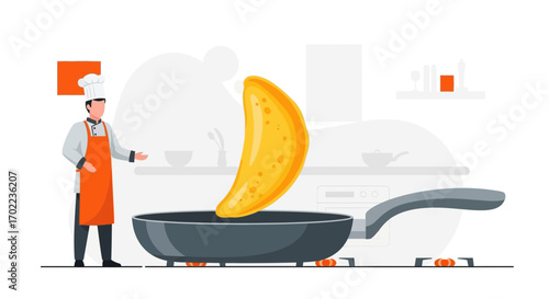 Chef flipping a pancake in a pan represents cooking and food preparation illustration
