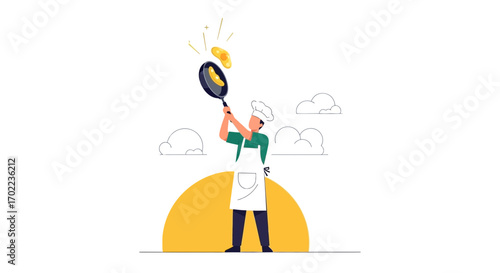 Chef Flipping Pancakes in a Kitchen Cartoon, Cooking Illustration Minimalist Design