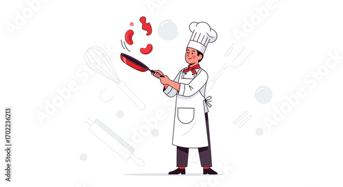 Chef flipping food in a pan illustration for cooking and culinary concepts