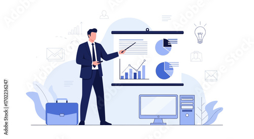 Business presentation with charts and a speaker showcasing a financial report and strategy