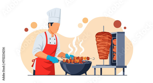 Chef Grilling Kebabs Next To A Shawarma Spit Preparing Food Deliciously