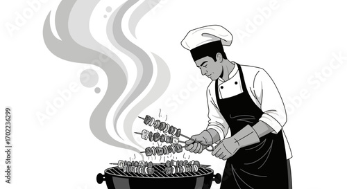 Chef Grilling Shish Kebab over Hot Coals Vector Illustration in Black and White