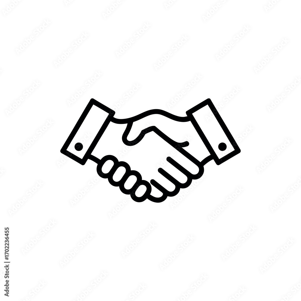 Obraz premium Black line icon of a handshake on white background symbolizes agreement and partnership