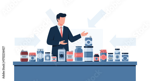 Business Professional Presenting Various Food Containers and Products on a Table