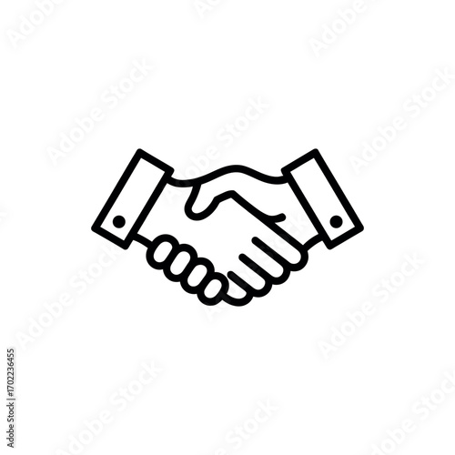 Black line icon of a handshake on white background symbolizes agreement and partnership