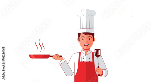 Chef holding pan and spatula, cooking concept, minimalist illustration on white background
