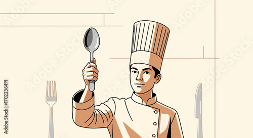 Chef Holding Spoon and Smiling in the Kitchen as a Symbol of Culinary Arts