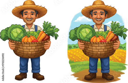 Smiling farmer holding vegetable basket with fresh organic produce on farm field background, agriculture harvest concept vector illustration