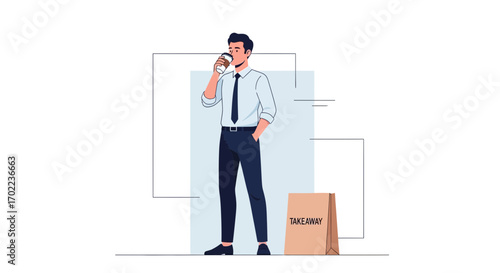 Businessman Drinking Coffee from a Takeaway Cup with a Takeaway Bag on White Background