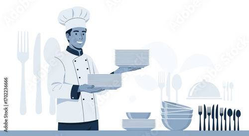 Chef holding plates, kitchen utensils and food service illustration with a white background