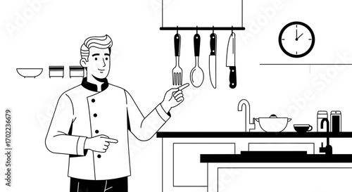 Chef in a Kitchen Setting Pointing Towards Utensils, Illustration in Black and White