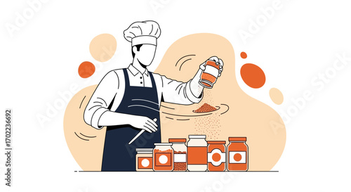 Chef Infusing Culinary Artistry, Adding Flavorful Spices, Kitchen Expertise, Illustration Design