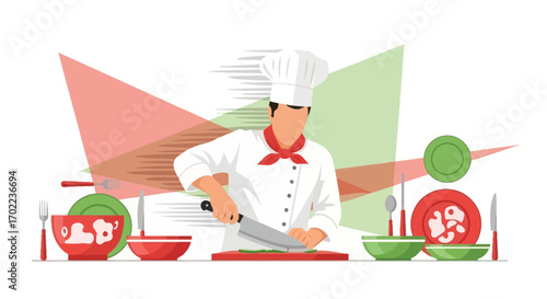 Chef illustrated preparing food in a kitchen with cooking utensils and ingredients