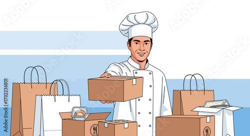 Chef offers food delivery service with bags and boxes representing take away orders