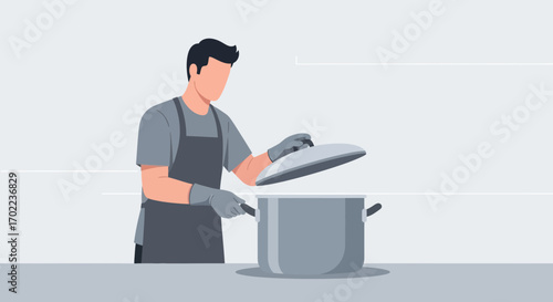 Chef opening a pot with food inside wearing an apron in simplistic illustration