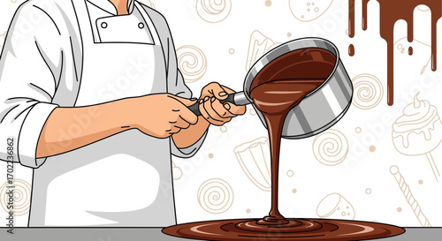 Chef pouring melted chocolate from a pot, creating a luscious, sweet dessert