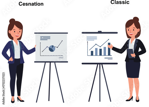 Two businesswomen presenting charts in different styles, Cesnation and Classic, data analysis concept, corporate comparison vector illustration for marketing
