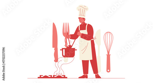 Chef Preparing A Meal In The Kitchen With Cooking Utensils And Equipment