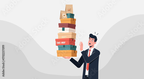 Businessman struggling to carry a tower of takeaway food boxes cartoon illustration