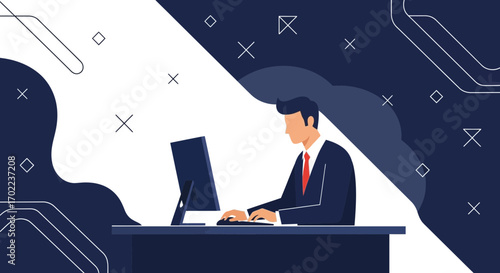 Businessman working on computer vector illustration of working at the office business concept